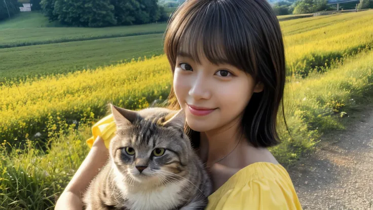 masterpiece、4k、highest quality、Beautiful Japanese woman holding a kitten、detailed description、1 girl、23 years old、(yellow camisole:1.1)、bob cut、summer、rural area、Depth of written boundary、Angle from above、smile、Biei town hill landscape background、（‼ ︎Holdi...