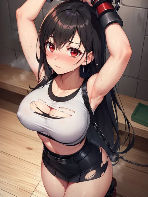 (highest quality, High resolution,  perfect pixel, written boundary depth, 4k,  beautiful anime girl), 
looking at the viewer, 
perfect body, 

tifa ff7, black long hair, red eyes, 

(torn white clock top shirt:1.3),  
(blush, sweat:1.3), arms up, scared, ...