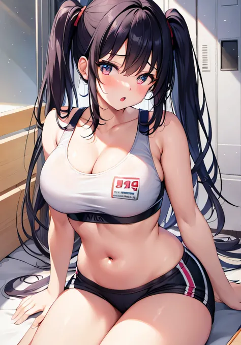 masterpiece、best image quality、ultra high resolution、teenage girl with big breasts、twin tail hairstyle、black hair、red face、shyly、mock、Open your mouth just a little、Sports bras for teenage girls that show cleavage、Well-shaped belly button、well-shaped legs、s...