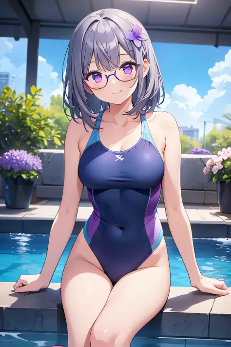 1girl, wearing tight blue swimsuit, medium hair tie, bangs, wearing round glasses, purple eyes, gray hair, flower hair ornaments, 8k resolutions, HD resolutions, pool area, sit pose, smile