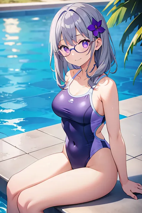 1girl, wearing tight blue swimsuit, medium hair tie, bangs, wearing round glasses, purple eyes, gray hair, flower hair ornaments, 8k resolutions, HD resolutions, pool area, sit pose, smile