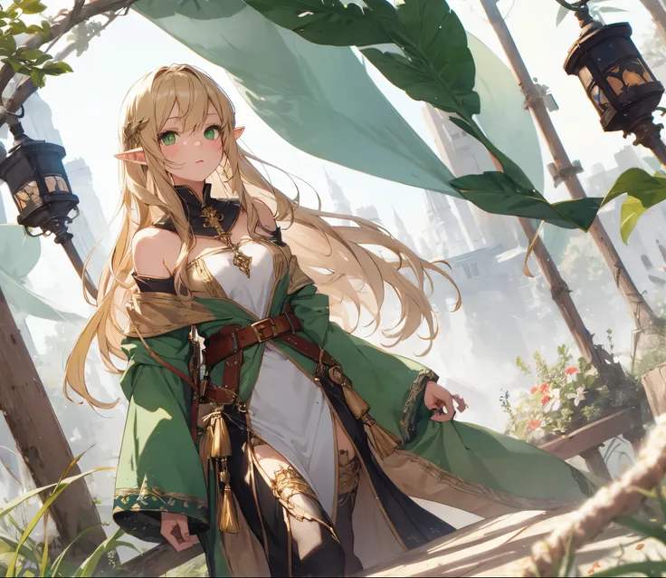 Please change the image to an elf with blonde hair and green eyes.
