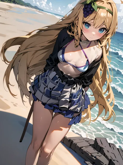 ((masterpiece,best quality)), 1girl, (:1.3), solo, long hair, very long hair, looking at viewer, small breasts, braid, ahoge, hairband, fruit, side braid, iris, hair ornament, grape hair ornament, standing, (cute bikini, bikini on beach), (beach background...