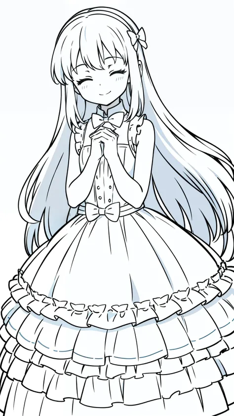 (1girl,8 years,small),solo,long hair,white hair,white dress,sleeveless,bow tie,smile,closed eyes,(white background,line drawing),(hands together)