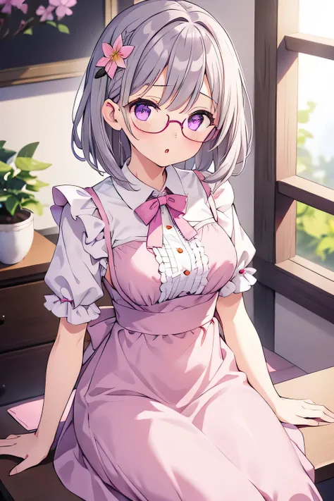 1girl, wearing pink maid dress, medium hair tie, bangs, wearing round glasses, purple eyes, gray hair, flower hair ornaments, 8k resolutions, HD resolutions, in room, sit pose, medium breast, holding tea, :o, blur, hand holding man