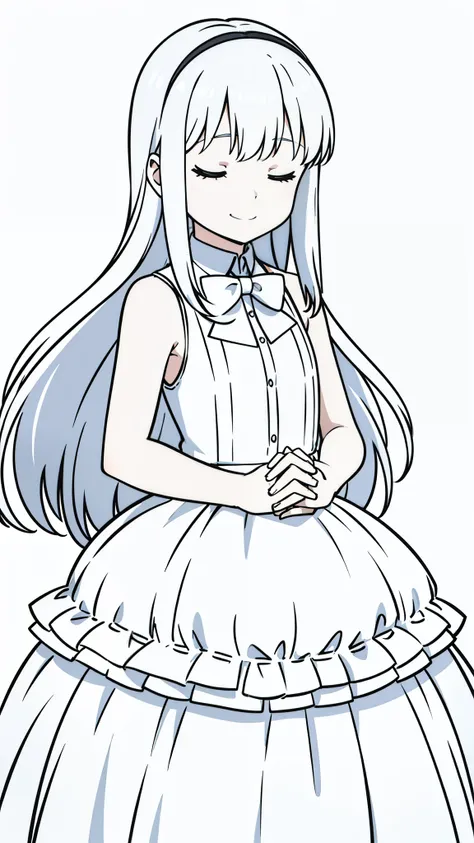 (1girl,8 years,small),solo,long hair,white hair,white dress,sleeveless,bow tie,smile,closed eyes,(white background,line drawing),(hands together)