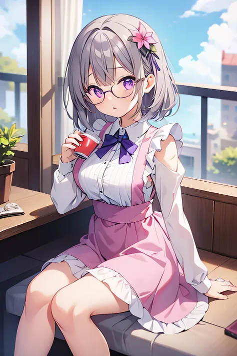 1girl, wearing pink maid dress, medium hair tie, bangs, wearing round glasses, purple eyes, gray hair, flower hair ornaments, 8k resolutions, HD resolutions, in room, sit pose, medium breast, holding tea, :o, blur, look at view, eyes diamond