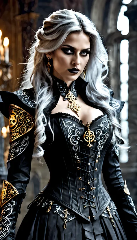 front view of menacing lysandra, an alluring necromancer with with flowing hair and vivid eyes, her attire consists of a fitted ...