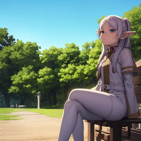 (Frieren, elf girl, white hair, mage outfit), sitting on a park bench, looking at the sky, beautiful art