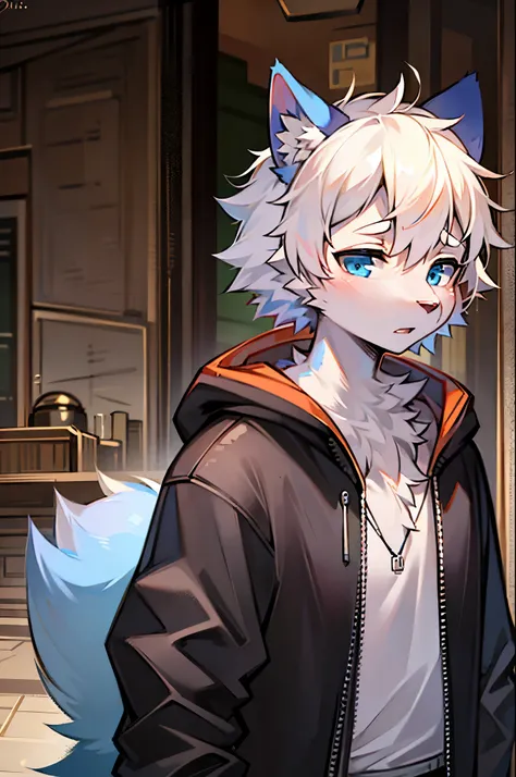 1 Chico, Wolf, white and blue fur, young people, blue eyes, messy hair, white hair, short hair, masterpiece, Very detailed, Casual Clothing