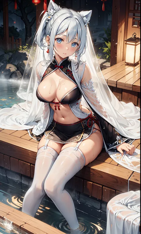 top quality，best resolution，(soaking wet的白色长旗袍），Super detailed, She has a white twin tail，20-year-old young girl，gorgeous的雕纹，Design intricate clothes，light eyes，she has earrings, wealth，gorgeous，Vision, Elegant and charming，Mildly curvy figure，((White tran...