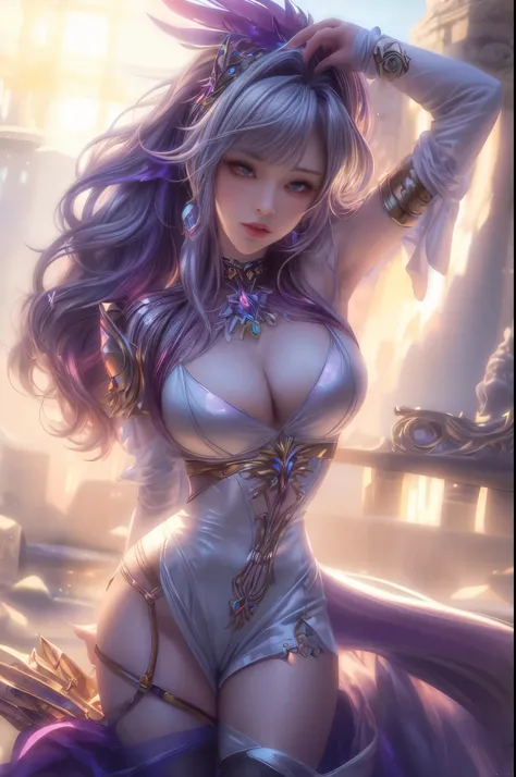 (best quality, realistic, photo-realistic:1.37), vibrant colors, sexy female, oversized breasts and thighs, seductive pose and looks, smooth curves, sensual pose, soft lighting, anime-style, long flowing hair, detailed eyes and lips, alluring gaze, intrica...