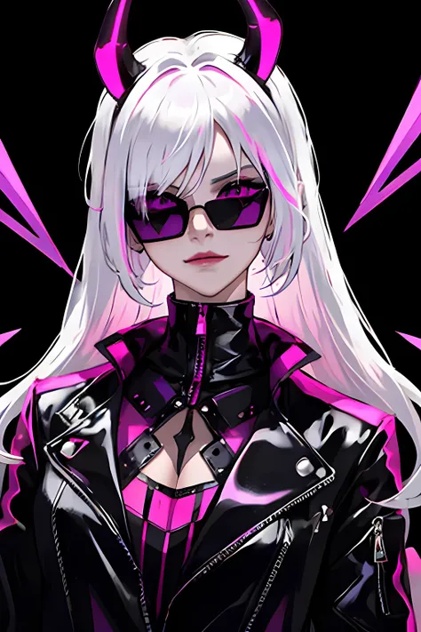 (masterpiece:1.2, best quality), (real picture, intricate details), (1lady, solo, upper body, big tits) Cyberpunk anime girl , devil mask, stylish pose, white hair, smirk, neon purple and pink touch, glow_in_the_dark, holographic, leather jacket, simple ne...