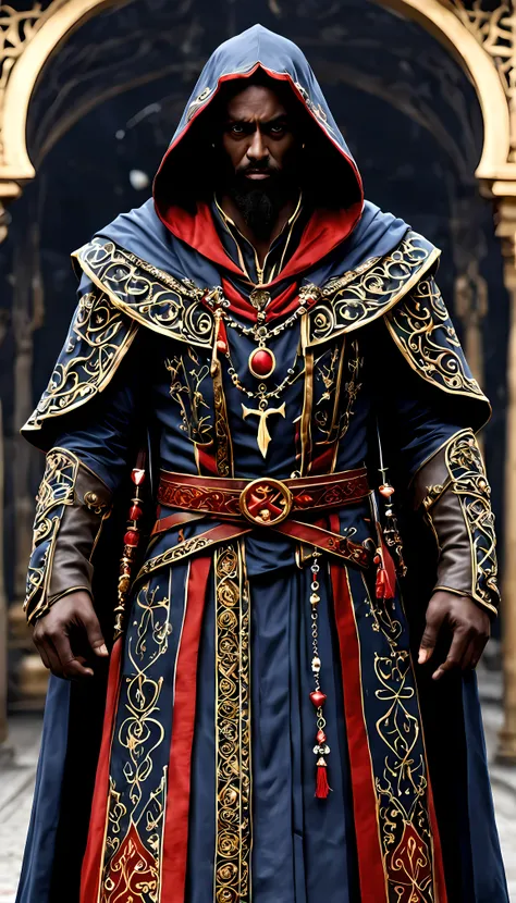 Front view of brilliant Malakar, a powerful dark wizard with magical aura, he has tall and slender figure, wearing dark blue and red flowing robes made of rich heavy fabric adorned with intricate patterns of arcane symbols and gemstone embellishments, high...