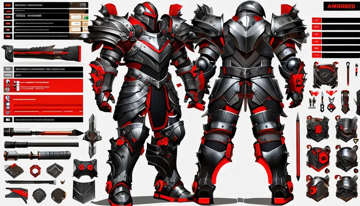 armored warrior，Very detailed，，Very professional character design BOM，Professional Checklist，detail list，Detailed production drawings，glans steps，exploded view，clarify，texture，Detailed annotation，annotated，The collision of metal and leather，black and red