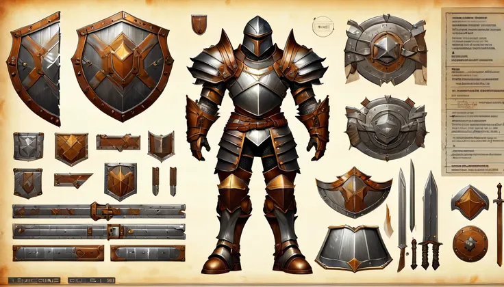 armored warrior，shield，arms，Very detailed，，Very professional character design BOM，Professional Checklist，detail list，Detailed production drawings，glans steps，exploded view，clarify，texture，Detailed annotation，annotated，The collision of metal and leather，col...