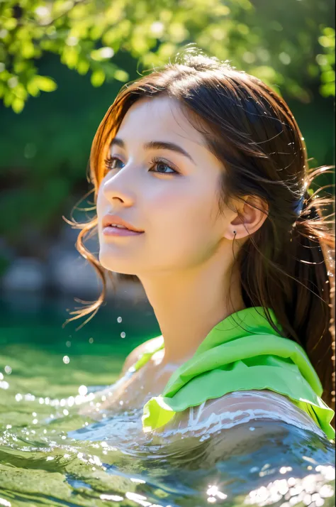 (highest quality,High resolution,masterpiece:1.2),super detailed,Beautiful girl jumping from the cliff into the lake,swimsuit,fine eyes, lip details, long eyelashes, flowing hair,sparkling water,green mountain in the background々, bright sunshine,soft shado...