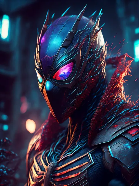 breathtaking cinematic science fiction photo of a portrait of Spiderman mixed with venom as one character, metal skin, body full of spikes and glowing metrics inside, glowing multicoloured eyes, multifaceted eyes, metallic arms, inside a destroyed building...