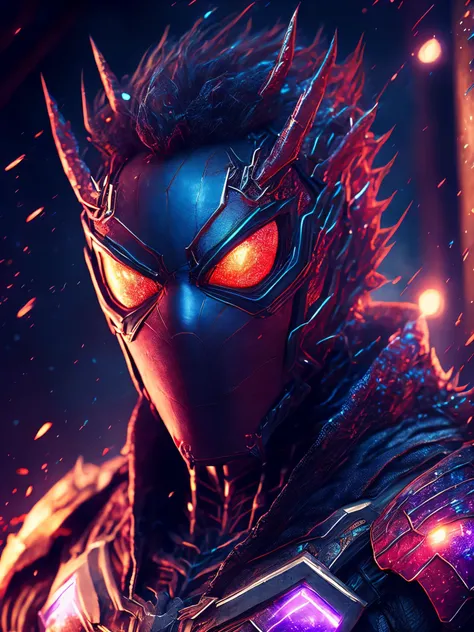 breathtaking cinematic science fiction photo of a portrait of Spiderman mixed with Goku as one character, metal skin, body full of spikes and glowing metrics inside, glowing multicoloured eyes, multifaceted eyes, metallic arms, inside a destroyed building,...