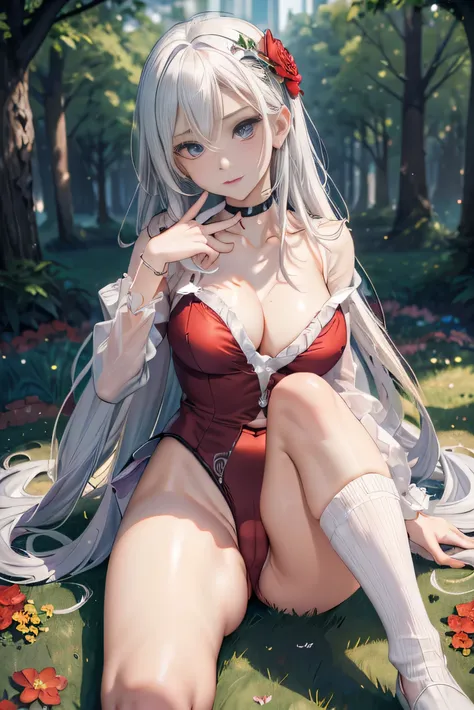 (photorealistic:1.8, highest quality:1.8,8K masterpiece:1.8,High resolution,muste piece:1.8,RAW Photos,cinematic lighting,red and purple dream colors),fantasy world,1 23-year-old woman,(see-through playsuit,white leotard,long sleeve,choker,knee high socks,...