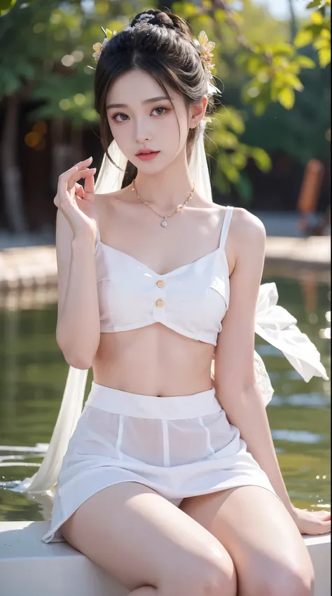 best picture quality，extremely high resolution，Very detailed，stunning girl，sitting in the pool，long eyelashes，big eyes，shining eyes，lying silkworm，plump lips，small nose，a happy expression，Sweet，Exquisite makeup，full-body shot，snow white skin，slim figure，ta...