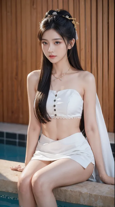 best picture quality，extremely high resolution，Very detailed，stunning girl，sitting in the pool，long eyelashes，big eyes，shining eyes，lying silkworm，plump lips，small nose，a happy expression，Sweet，Exquisite makeup，full-body shot，snow white skin，slim figure，ta...