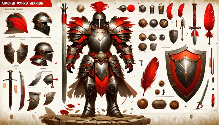 armored warrior，shield，arms，red feather decoration，Very detailed，，Very professional character design BOM，Professional Checklist，detail list，Detailed production drawings，glans steps，exploded view，clarify，texture，Detailed annotation，annotated，The collision o...