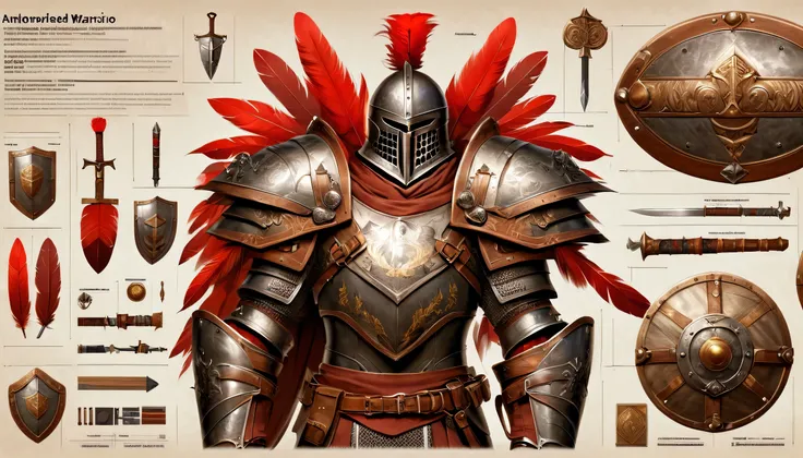 armored warrior,shield,arms,red feather decoration,Very detailed,,Very professional character design BOM,Professional Checklist,detail list,Detailed production drawings,glans steps,exploded view,clarify,texture,Detailed annotation,annotated,The collision o...