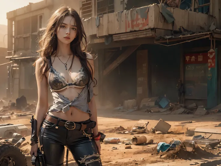 (a girl, detailed face, long hair, sexy bra, tight-fitting leather pants), soft colors, dirty, dusty, realistic lighting and shadowing, highres, ultra-detailed, 1 young girl stands in the foreground，cowboy lens，Cinematic lighting effects, high noon, colt, ...