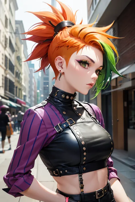 Mohawk, side cropped hair, green hair, orange side hair, punk fashion, 1 girl, piercing, white face, purple clothes, undercut,