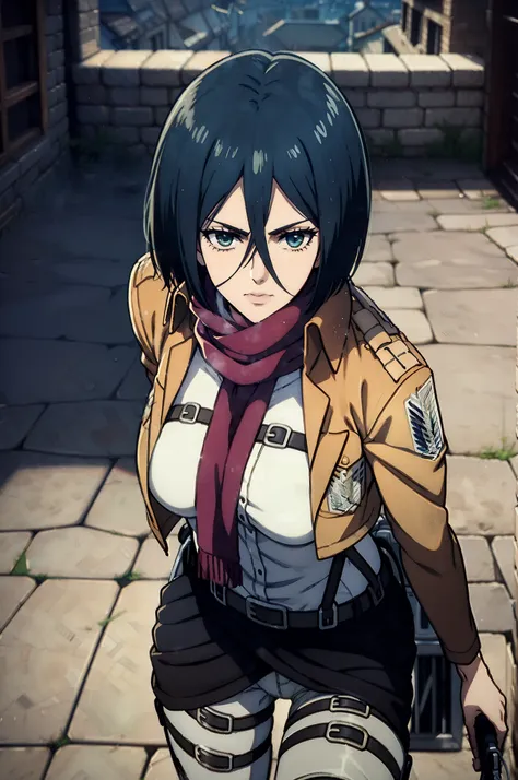 aot style, shingeki no kyojin, mikasa ackerman, 1girl, hand strap, quiff, black  hair, black pants, chest, cowboy shot, coals, g...