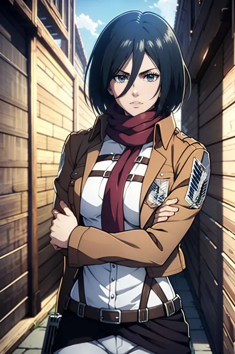 aot style, shingeki no kyojin, mikasa ackerman, 1girl, hand strap, quiff, black  hair, black pants, chest, cowboy shot, coals, g...