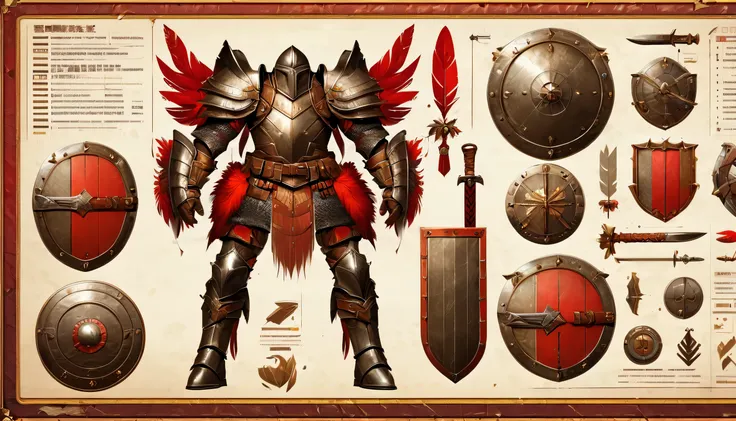 armored warrior，shield，arms，red feather decoration，Very detailed，，Very professional character design BOM，Professional Checklist，detail list，Detailed production drawings，glans steps，exploded view，clarify，texture，Detailed annotation，annotated，The collision o...