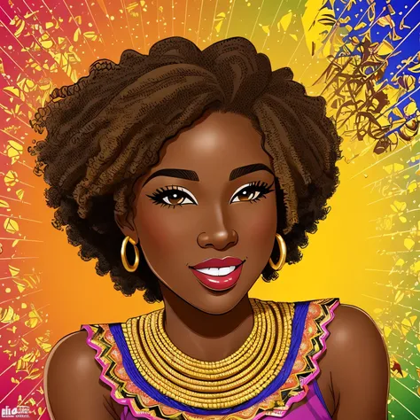 masterpiece, best quality, Royal_bee, LOL_OMG, Fashion adire cloth, Dark_brown_skin_tone, afro_textured_curly_hair, Brown_eyes, gold_lipstick, gold_eyeshadow, 2D, cartoon, african american style, vibrant colors, dynamic lighting