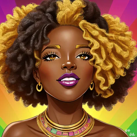 masterpiece, best quality, Royal_bee, LOL_OMG, Fashion adire cloth, Dark_brown_skin_tone, afro_textured_curly_hair, Brown_eyes, gold_lipstick, gold_eyeshadow, 2D, cartoon, african american style, vibrant colors, dynamic lighting