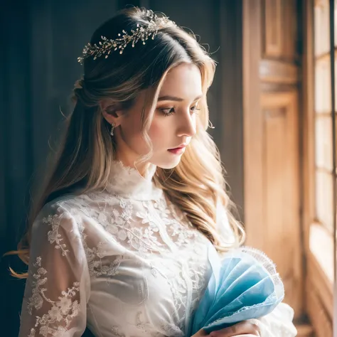 particles of light, soft lighting, volume lighting, intricate details, finely,

1 girl, alone,

white hair, long hair, beautiful long hair blue eyes, long eyelashes, white eyelashes, looking at the viewer,

white dress, gorgeous dress, shoulder dress, lace...