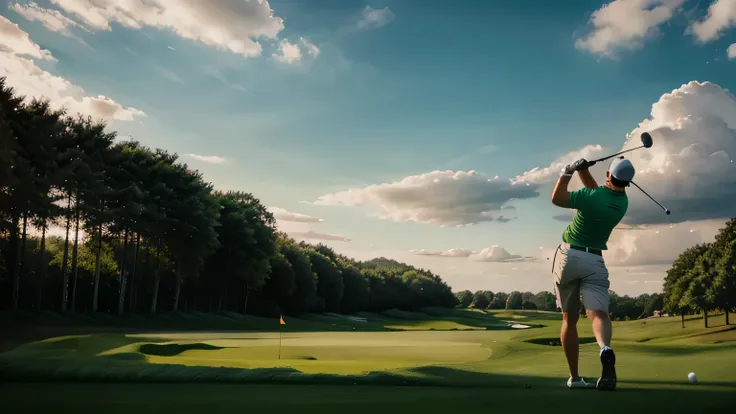 Golf player teeing off, vibrant green grass, 4k, high definition, trees and sky in background, no extra golf clubs, slightly higher angle of elevation