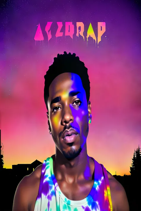 there is a man with a tie dye shirt on posing for a picture, colored album art, acid trip, rap album cover, album art, album cover!, album art cover, alternate album cover, rap album cover art, new album cover, music album art, album cover, album artwork, ...