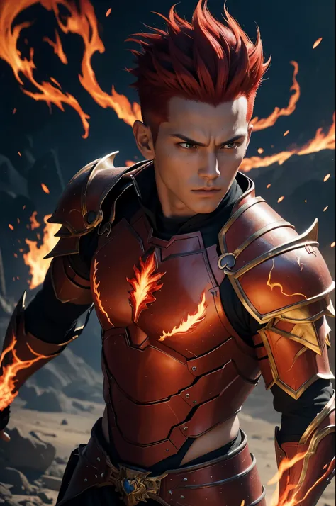 8k、alone,16歳のflame god boy,super handsome(like the real thing),red eyes,Super beautiful,beautiful red mohawk hair,Flashy flame god makeup,gorgeous red flame chest armor,sexy,Remains,amazing work of art、wind effect:1.9、cloud effect:1.2,full rendering、unreal...