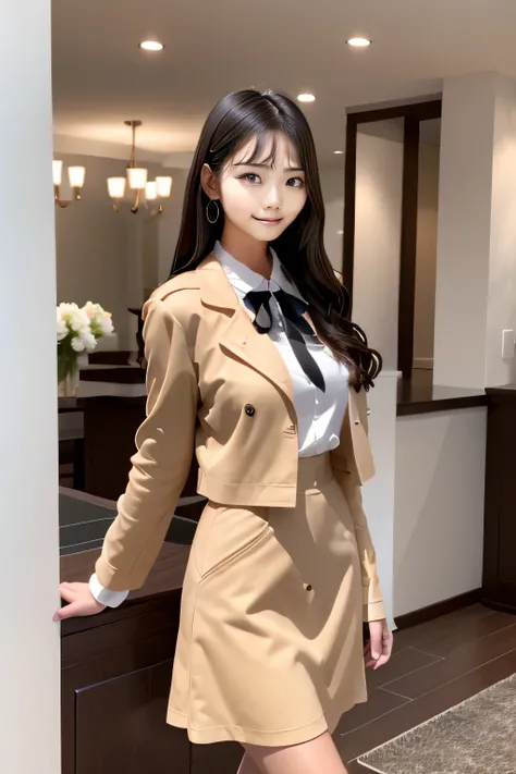 araffe woman in a beige coat and white boots posing for a picture, wearing Jacket and skirt, short skirt and a long Jacket, short Jacket, cropped shirt with Jacket, loose coat collar sailor suit, pastel, pastel, Jacket, Shahi, beige, warm, woman, 8k)), ele...