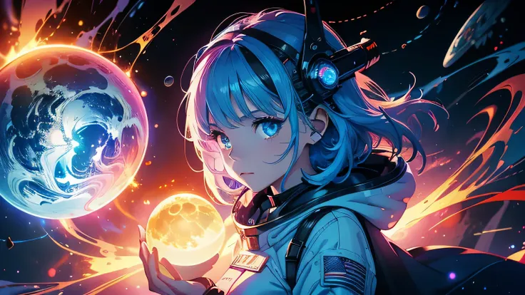 (masterpiece), best quality, a cute girl floating in the space holding a planet, ((holding)), sphere, ((glow, planet glow)), perfect face, expressive eyes, space suit, austronaut helmet, spiral galaxy, astronomy wallpaper, happy, colorful, exciting, gorgeo...