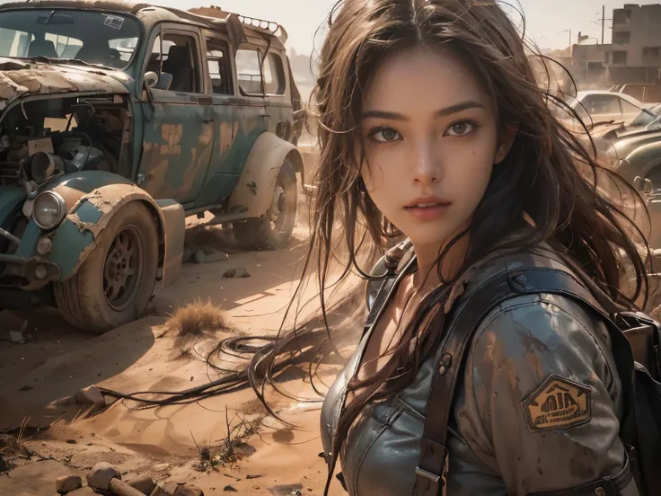 (an extremely beautiful girl looking at camera, detailed face, long hair, sexy bra, tight-fitting leather pants), soft colors, dirty, dusty, realistic lighting and shadowing, highres, ultra-detailed, 1 young girl stands in the foreground，cowboy lens，Cinema...