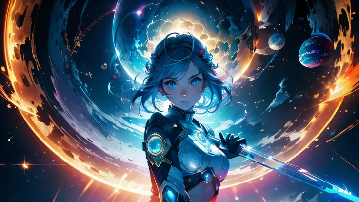 (masterpiece), best quality, a cute girl floating in the space holding a planet, ((holding)), sphere, ((glow, planet glow)), per...