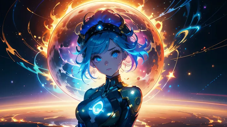 (masterpiece), best quality, a cute girl floating in the space holding a planet, ((holding)), sphere, ((glow, planet glow)), per...