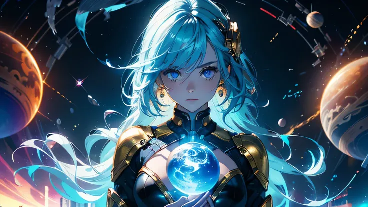 (masterpiece), best quality, a cute girl floating in the space holding a planet, ((holding)), sphere, ((glow, planet glow)), per...