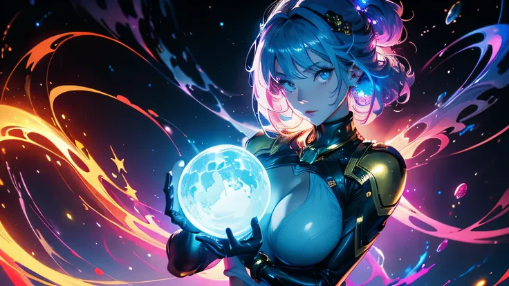 (masterpiece), best quality, a cute girl floating in the space holding a planet, ((holding)), sphere, ((glow, planet glow)), perfect face, expressive eyes, (blue Tight crop top gold leather suit), (big breast), (open half breast), , spiral galaxy, astronom...