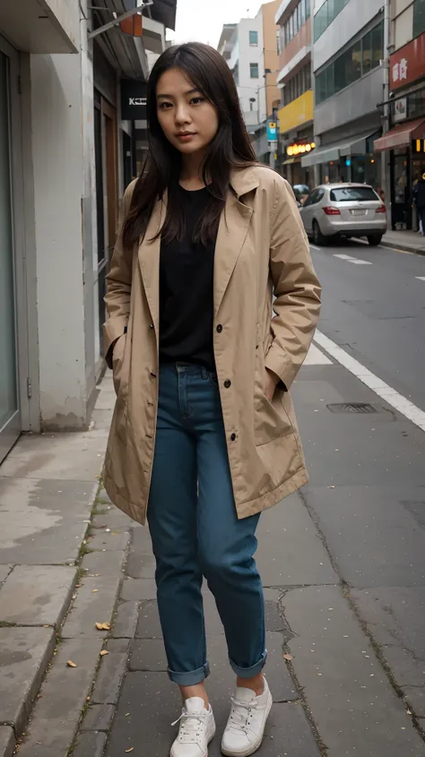 asian woman, hands in her pockets, walking