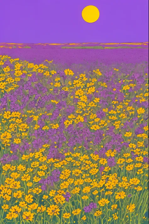 purple flowers in a field with a yellow sun in the background, a gouache by Kishi Ganku, Artstation, conceptual art, jen bartel, brittney lee, kilian eng vibrant colours, kilian eng vibrant colors, plants growing on it. gouache, luminescent plants, ilya ku...