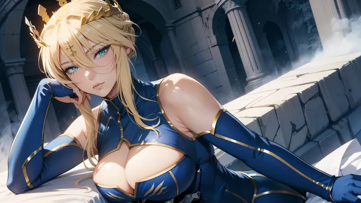 (best quality, highres), Artoria pendragon lancer, adult woman, green eyes, COLORED EYELASHES, blonde eyelashs, big breast, artoriaLancer, braid, crown, turtleneck, cleavage cutout, sleeveless, blue leotard, gauntlets, seductive