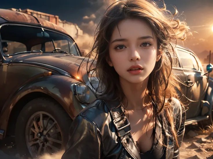 (an extremely beautiful girl looking at camera, detailed face, long hair, sexy bra, tight-fitting leather pants), soft colors, dirty, dusty, realistic lighting and shadowing, highres, ultra-detailed, 1 young girl stands in the foreground，cowboy lens，Cinema...